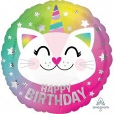 Folinis balionas su vienaragiu katinu ''Happy Birthday''